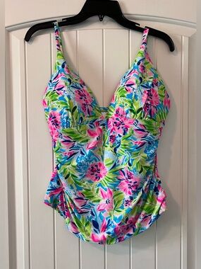 Stella Parker Size XL Tummy Toner Tropical Ruched One Piece Swimsuit Top Only